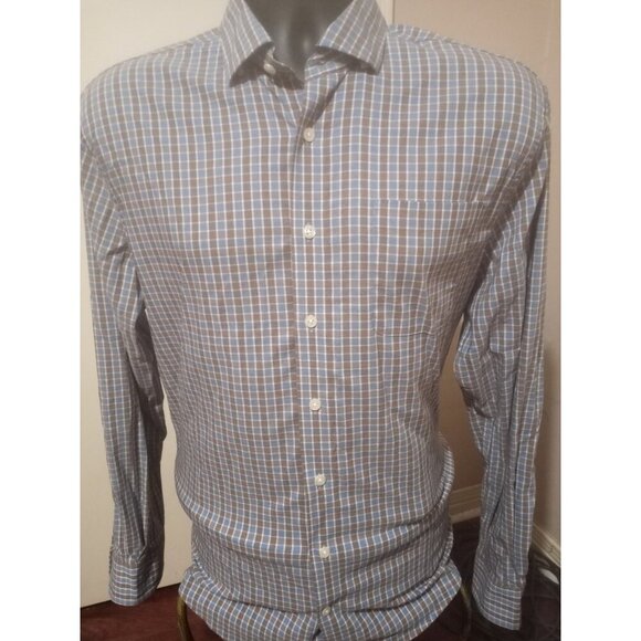 Johnnie O Prep-Formance Shirt Mens Medium M Blue Brown Long Sleeve Stretch - Picture 1 of 11